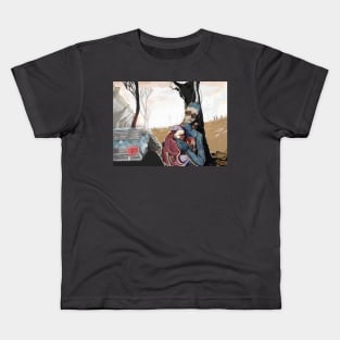 caring mother robot with a baby in a baby carrier against the backdrop of sunset and clouds Kids T-Shirt